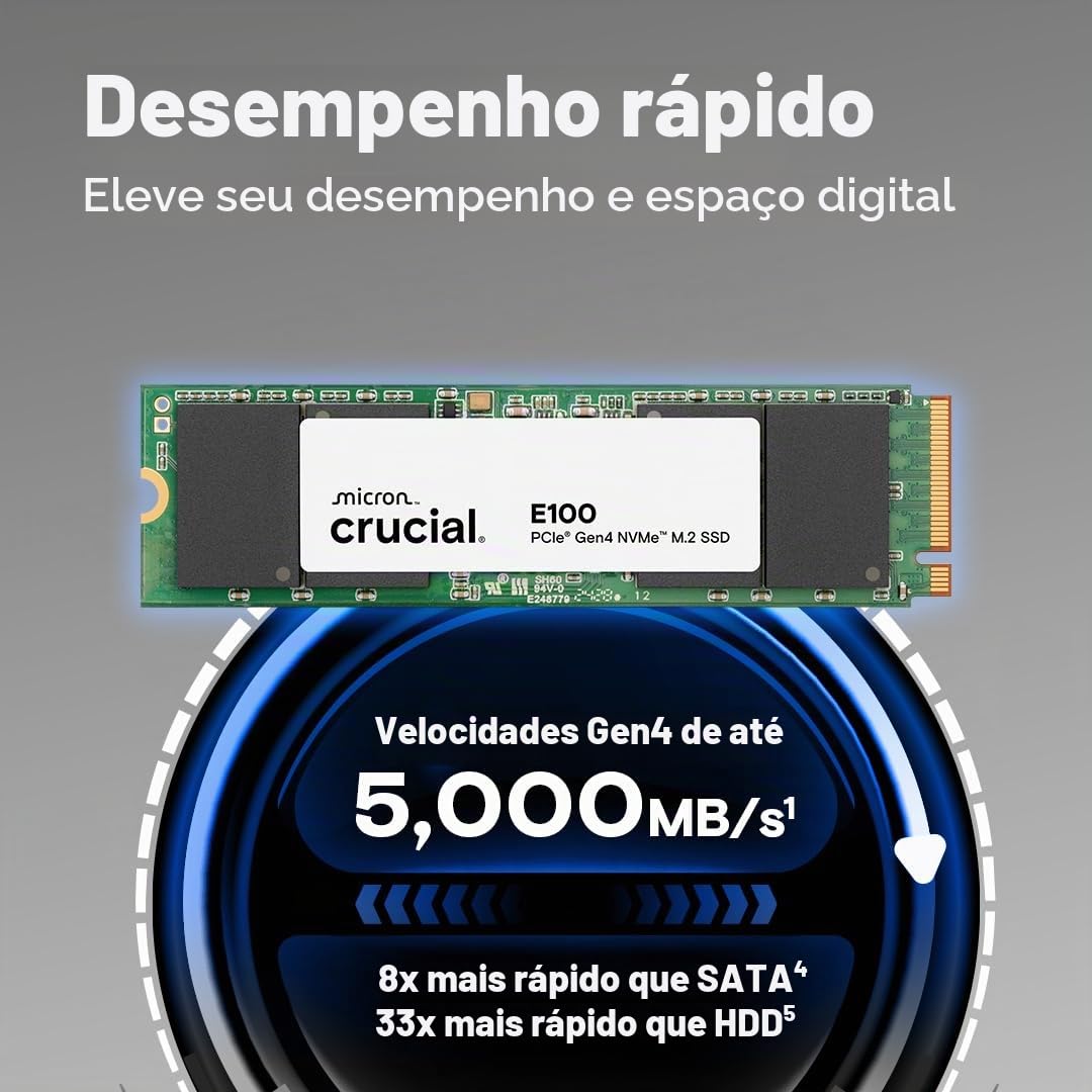 Crucial SSD interno E100 1TB M.2 NVMe PCIe Gen4, até 5.000 MB/s