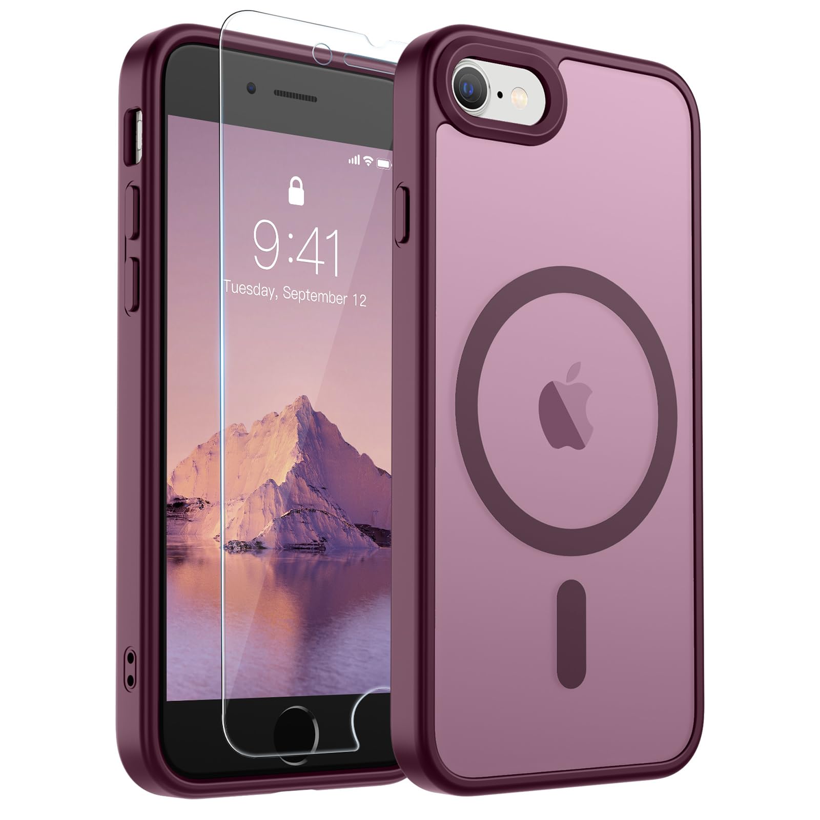 SUPFINE Magnetic for iPhone SE Case 2022 (3rd)/2020 (2nd), iPhone 8 Case | With Screen Protector, Translucent Matte, Compatible with MagSafe, Military Grade Drop Proof, Wine Red