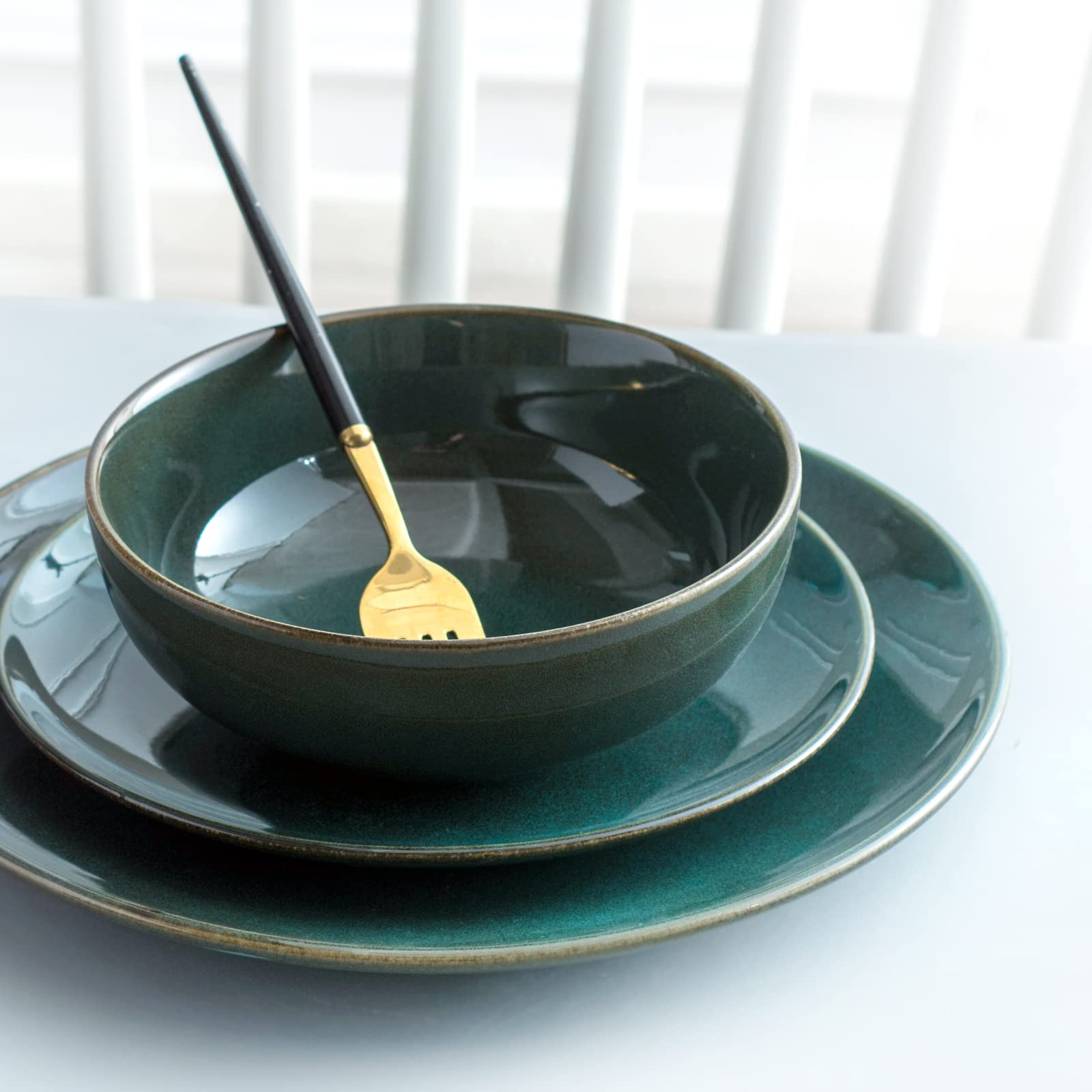 UNICASA Ciotole Insalatiere, Set Scodelle Ceramica 4 Unità, Ciotole da Colazione per CerealiInsalata/Zuppe, Diametro 16 cm Colore Verde, Servizi Combinati Adatto per Lavastoviglie