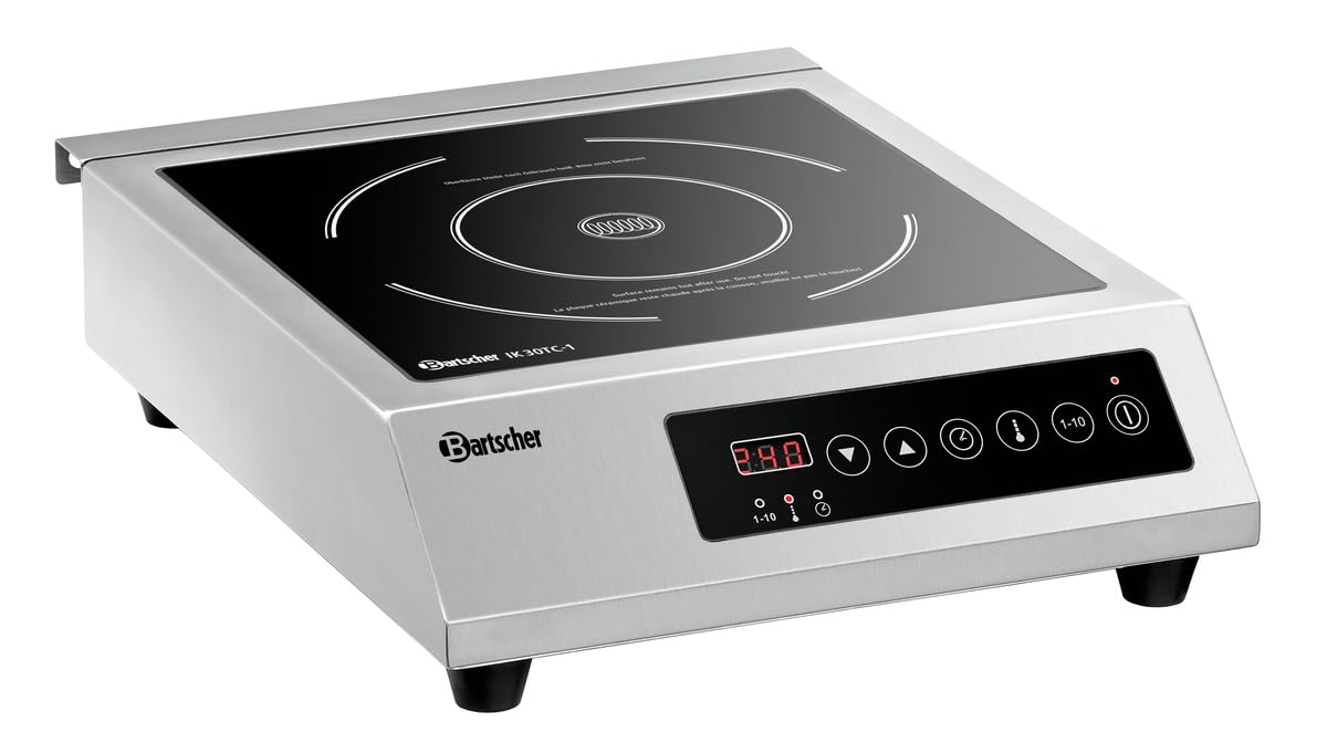 Bartscher Induktionskocher IK 30T-1 mit Touch-Bedienfeld, 3000 W Leistung, 1 Kochstelle mit Fettfilter, Edelstahl/Glas, für Gastronomie