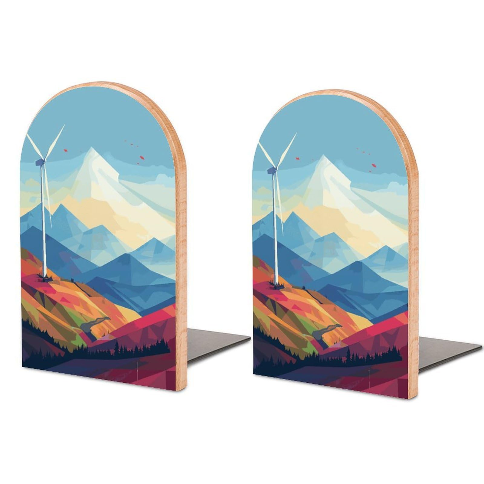 Windmill Flat Illustration Book Ends Wood Non-Skid Bookend for Shelves Heavy Duty Bookends with Metal Base Decorative Books Stopper Desk Organizers Book Dividers for Office Home 1 Pair