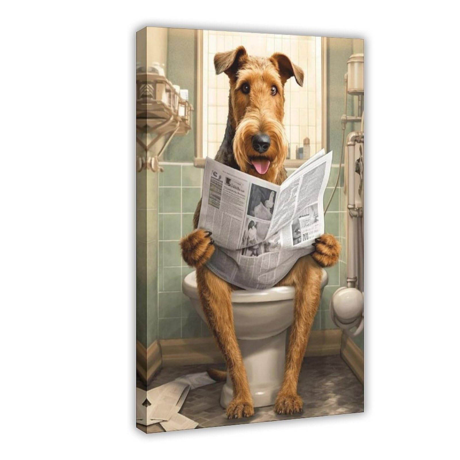 Flamint Airedale Terrier on The Toilet Dog Canvas Poster Bedroom Decor Landscape Office Room Decor Gift 16" L X 24" W
