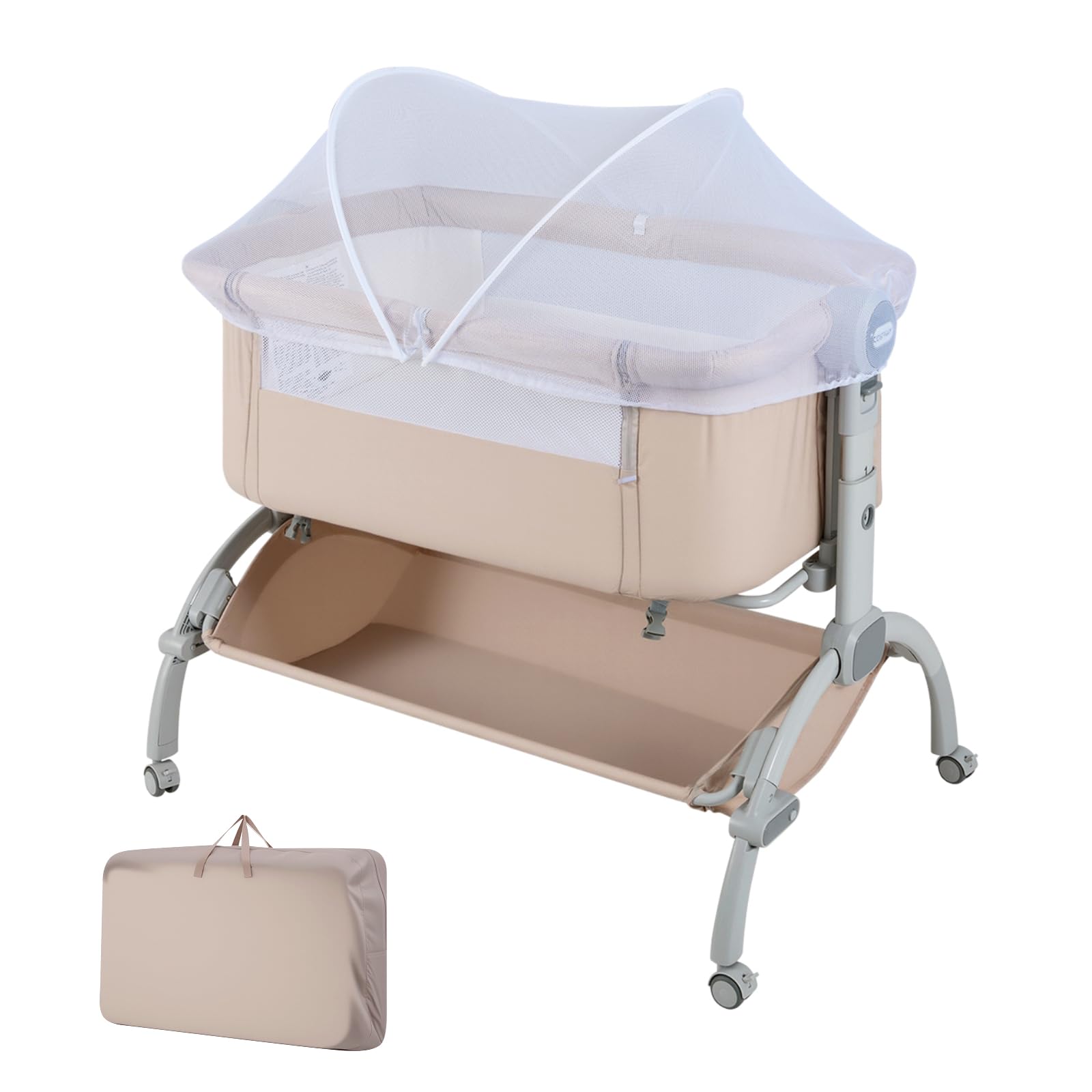 GYMAX Baby Bedside Crib, Foldable Infant Side Cot with Canopy, Carry Bag, Storage Basket Mattress and Wheels, Heights Adjustable Toddler Co-Sleeping Bed for Newborns (Beige)