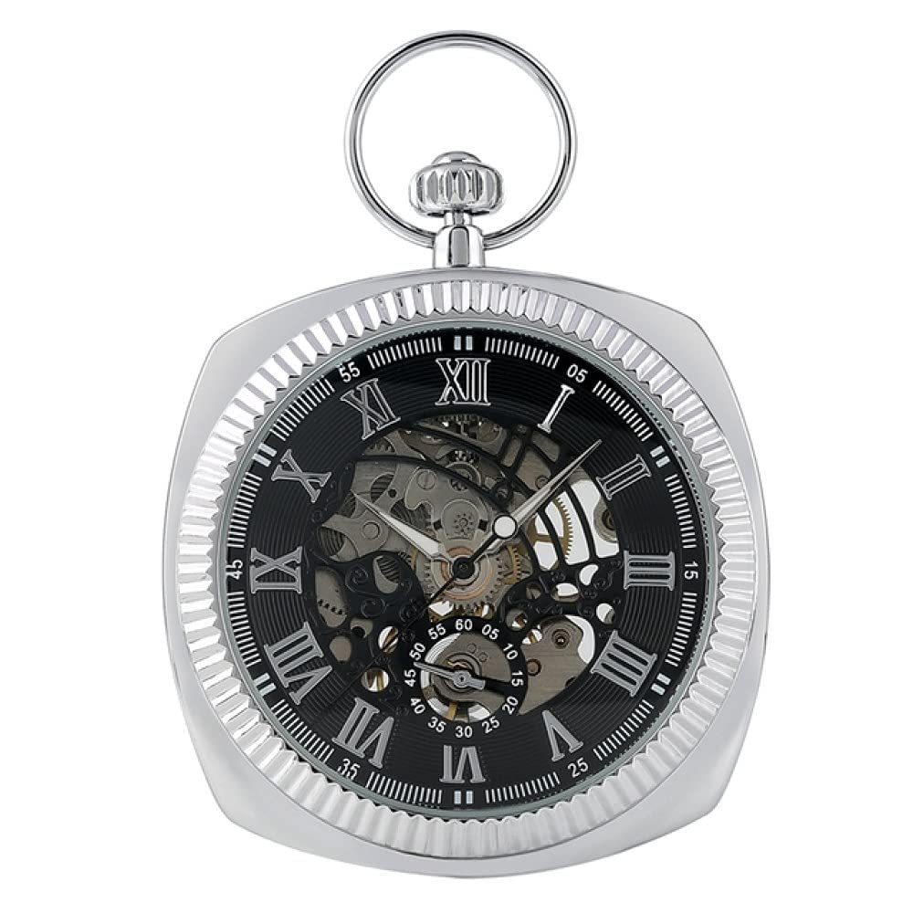 Antike schwarz/Silber/goldene mechanische Taschenuhr einzigartige Square 30 cm Schlangenkette Handwickeln Hochstufte Uhr Kunst Sammlerstücke Decoration