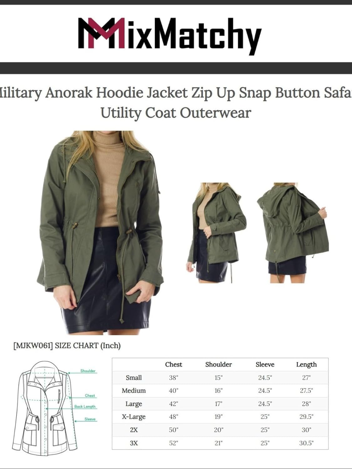 MixMatchy Women's Military Anorak Hoodie Jacket Zip Up Snap Button Safari Utility Coat Outerwear