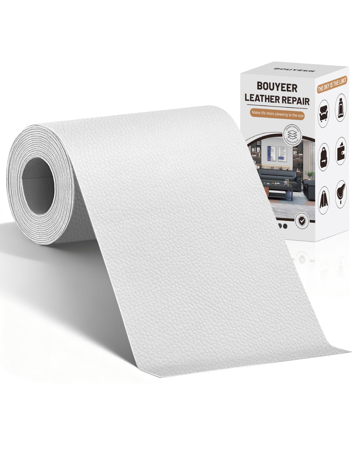 BOUYEER Pelle Adesiva per Riparazioni, 40x210 CM ecopelle toppe adesive per tessuti, Set Riparazione Ecologico & Senza Odori per Mobili/Divano/Sedili Auto/Borse/Restauro, Bianco