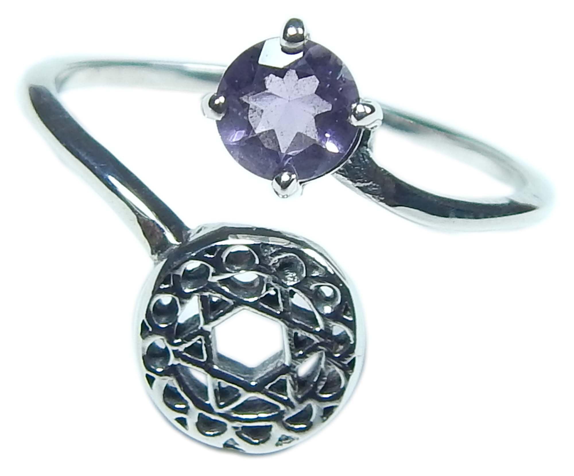 Natural Amethyst 5mm round faceted brilliant cut AAA quality 925 sterling silver handmade bohemian vintage symbol ring gift for her february birthstone