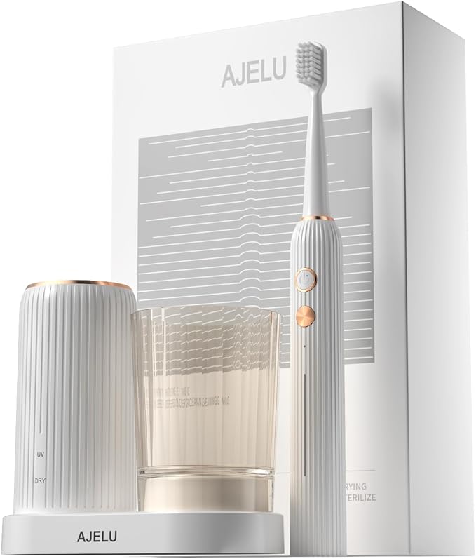 AJELU Electric Toothbrush Set with Drying & Sanitizing Holder, 8 Replacement Brush Heads, Transparent Rinse Cup, Smart Timer, USB Rechargeable for Adults