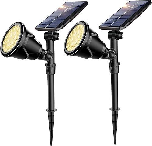 ROSHWEY Focos solares para exteriores, 18 LED, impermeable, para jardín, césped, patio, porche, pared, terraza, garaje (blanco oscuro, paquete de 2)