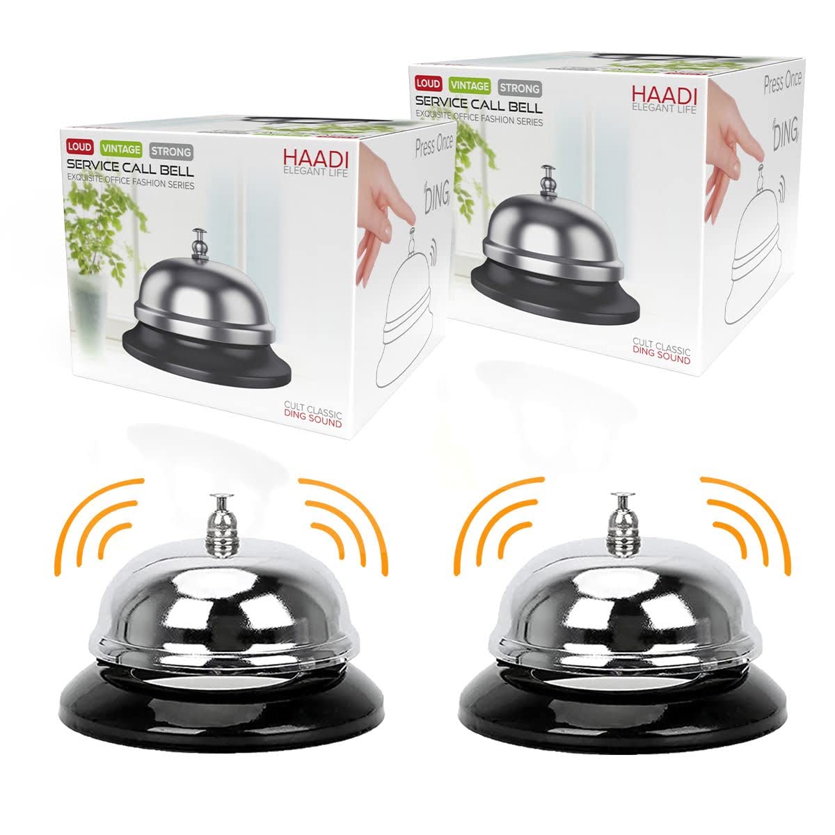 Reception Call Bell Pack of 2 Stainless Steel Hand Held Desk Service Bell Attention Call Ringer Counter Bell for Hotels, Schools, Restaurants, Reception Areas, Hospitals, Warehouses & Bars