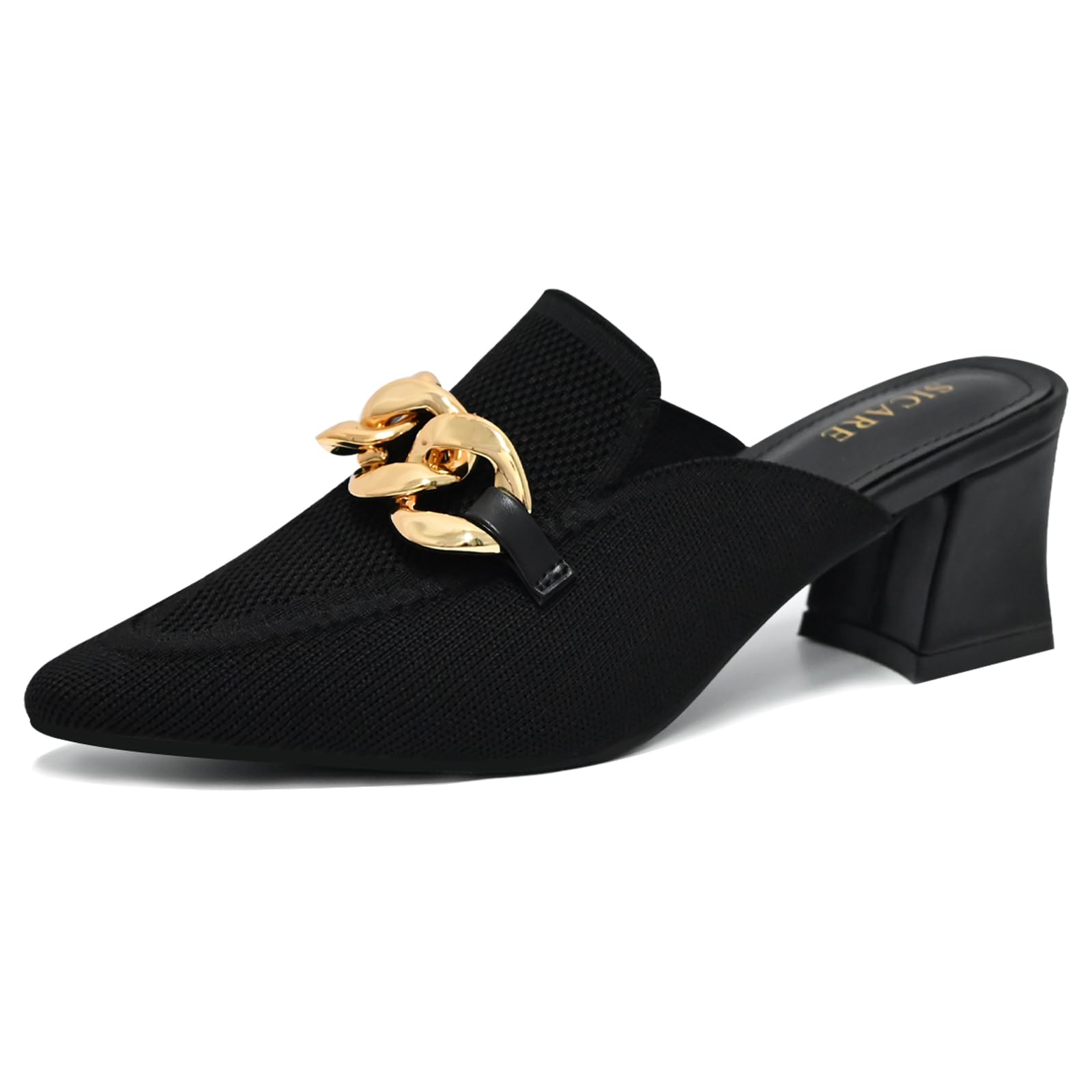 Heeled Mules for Women Closed Toe Chunky Heels Mules Knit Stretchy Pointed Toe Heels Sandals Comfortable Slip On Dress Pumps Sandals Slides for Business and Daily Wear