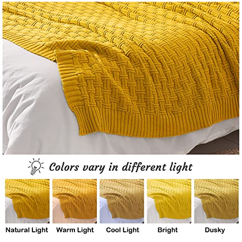 Image of TREELY 100% Cotton Knitted Throw Blanket 50 x 60 Inches, Gold Yellow