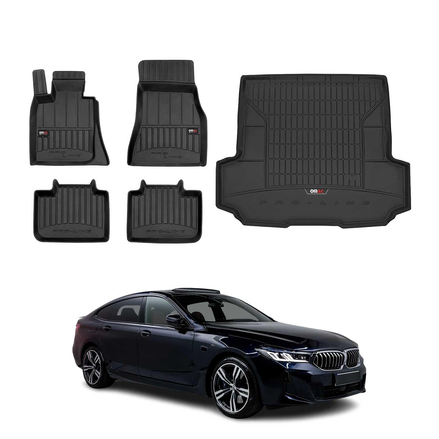 OMAC Fußmatten Kofferraumwanne für BMW 6er G32 2017-2023 Gummi 5X Schwarz | inkl. Kofferraumwanne (Satz), Gummimatten, Automatten, Allwetter, fahrzeugspezifisches Produkt, 3D-Passform, Antirutsch