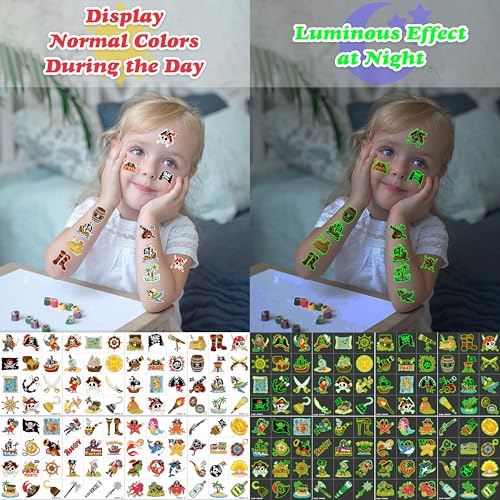 Image of 96 PCS Pirate Pre-Cut Luminous Glow in the dark Temporary Tattoos for Kids | Super Cute Ship Nautical Theme Birthday Party Favors Supplies Decorations, Treasure Fake Tattoos Gifts for Boys Girls