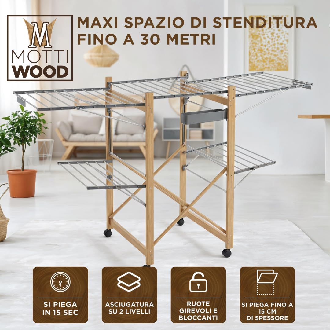 Stendibiancheria Pieghevole XXL, 4 Ali Laterali, Maxi Stendino Richiudibile e Salvaspazio, 25Kg Bucato, Stendi Biancheria Interno ed Esterno, 176 x 60 x 104 h cm, 4 Ruote Girevoli