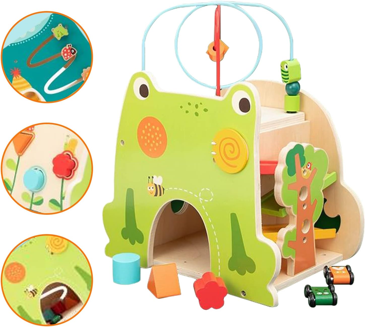 NUKied Centro de Juegos Multifuncional con rastreo de rampa de Coche, Cubo de motricidad de Madera a Partir de 1 año, Centro de Actividad de Madera con Laberinto de Perlas y Lazo de motricidad
