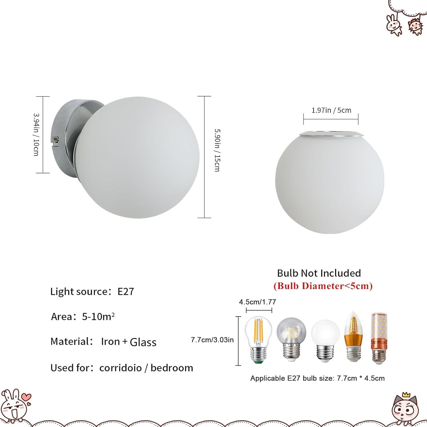Lampe Murale Moderne E27 Boule de Verre 15cm Applique Murale Intérieure