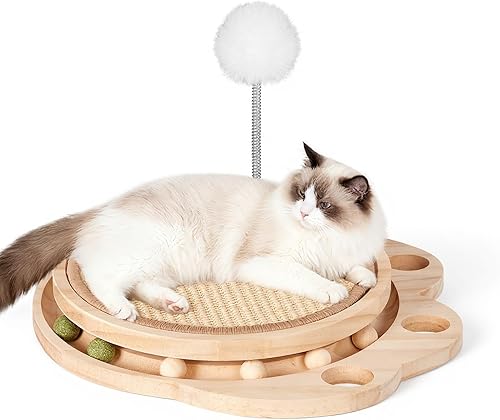 Miniatura 9 de Tabla rascador para gatos, rascador 3 en 1 para gatos y centro de actividades con almohadilla rascador de sisal, pista de bolas y juguete de