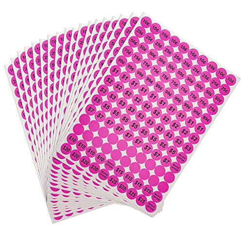 Anronal 2520 Count Garage Sale Pricing Stickers Removable Yard Sale Labels with Prices, 3/4" Round Preprinted Pricing Labels Price Stickers (Pink)