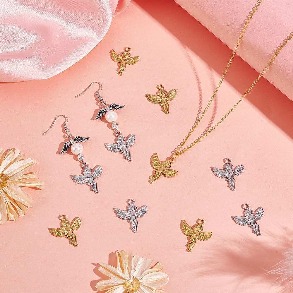 UNICRAFTALE 12Pcs 2 Colors Guardian Angel Charms Stainless Steel Charm Angel Fairy Pendant Metal Wings Double Sided Charms Gold Necklace Pendant Jewelry Making Accessories for DIY Bracelet Earrings - Image 2