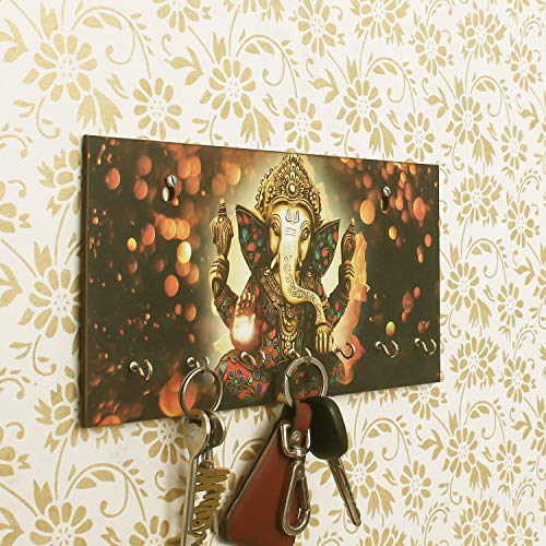 eCraftIndia Lord Ganesha Theme Wooden Key Holder with 7 Key Hooks for Wall - Key Organizer for Home and Office in Kitchen, Entryway, Hallway Or Living Room