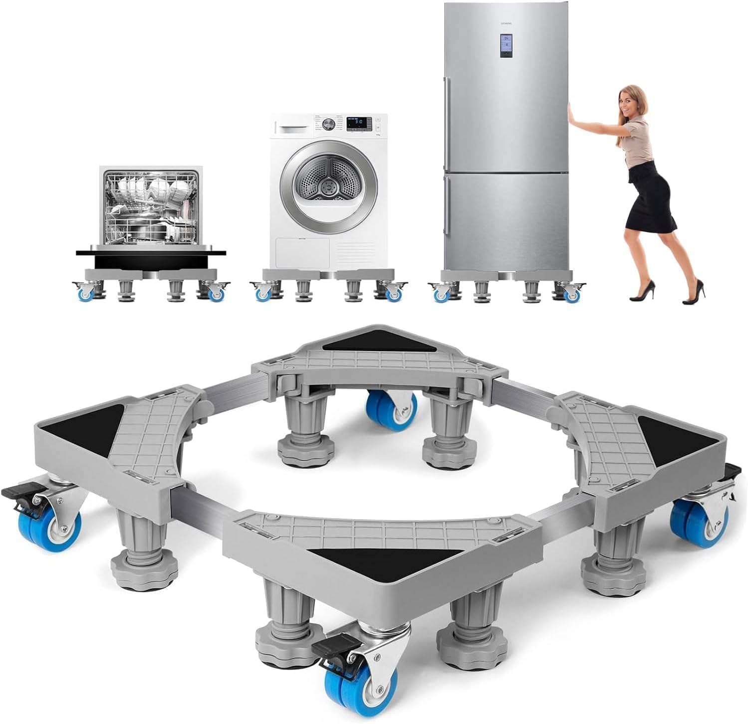 Base per Lavatrice con 8 piedi + 4 Ruote per Lavatrice, Frigorifero e Asciugatrici. Ruote Per Lavatrice Dimensioni Regolabili 42-66 cm, Antiscivolo e antiurto(Peso massimo 300 kg)