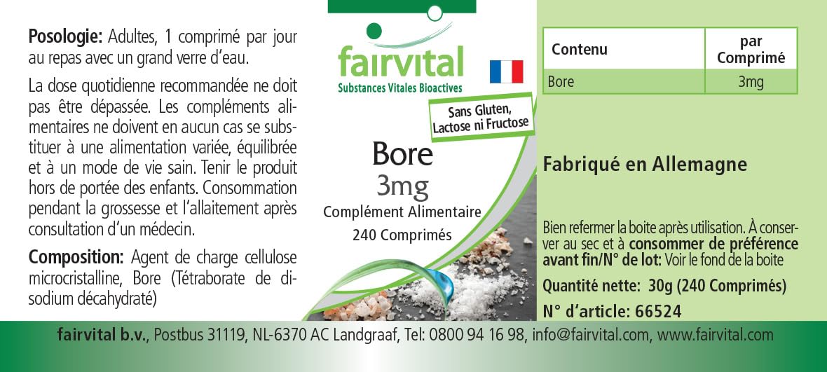 Fairvital | Bor 3mg – 240 tabletek – 3mg na tabletkę – łatwe do połknięcia – sprawdzona jakość i wysokie dawki – 100% wegańskie – wyprodukowane w Niemczech