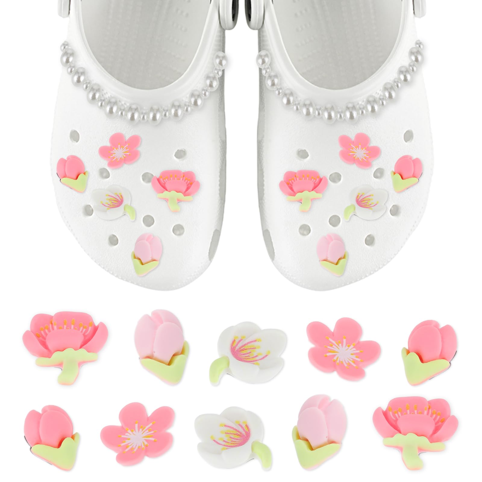 Molain Cute Flower Shoe Charms, 10Pcs Shoe Charms Accessories with 2 Resin Pearl Chain Shoe Decoration for Girls Teen Favor Gifts