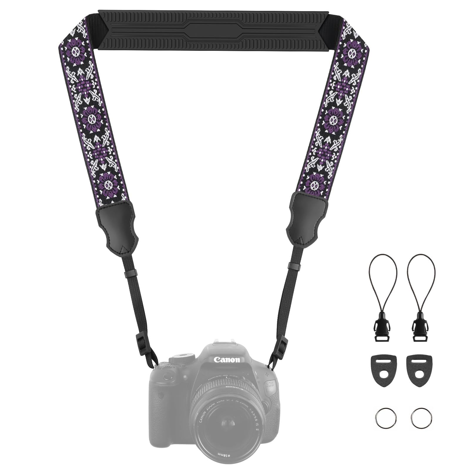 FIEIL Neck Strap Silicone Camera Straps - Padded Camera Strap, 1.5" Wide Adjustable Nylon Shoulder Strap - Compatible with Canon, Nikon, Sony, and More DSLR and Mirrorless Cameras (Purple) Purple Flower