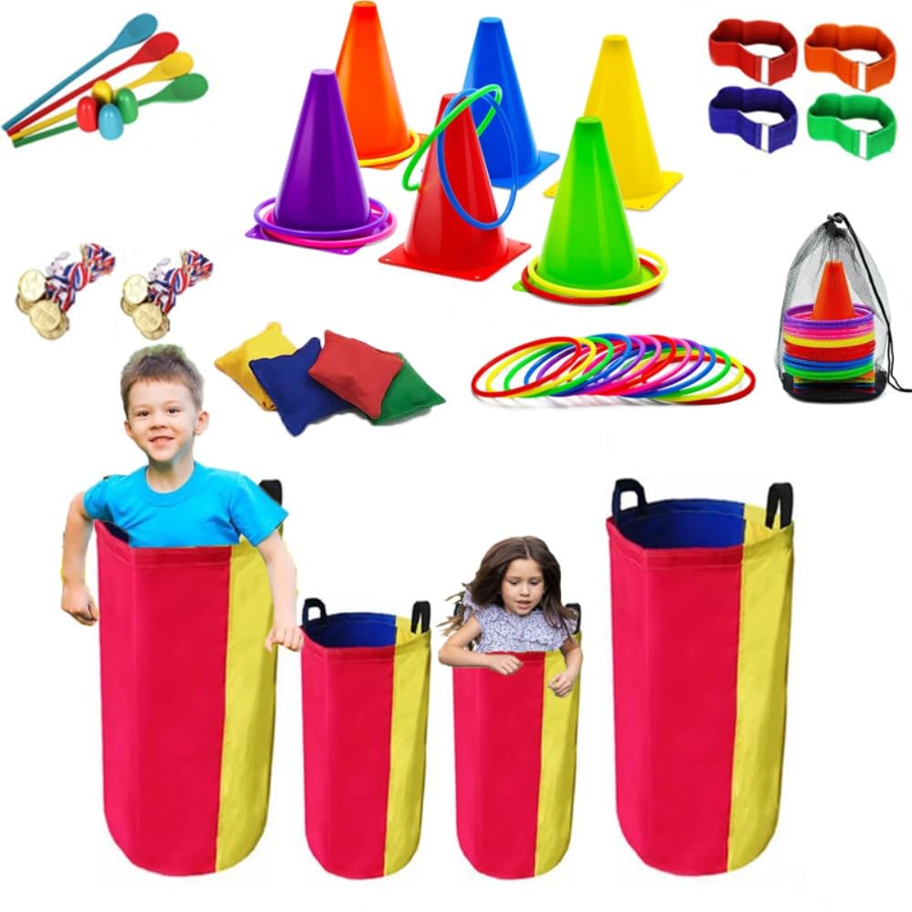 51Pcs Outdoor Games for Kids, Potato Sack Race Bags for Kids Adults, Egg Spoon Relay Game,3 Legged Race Bands, Carnival Games for Family Backyard Party Birthday Party Outside Lawn Games