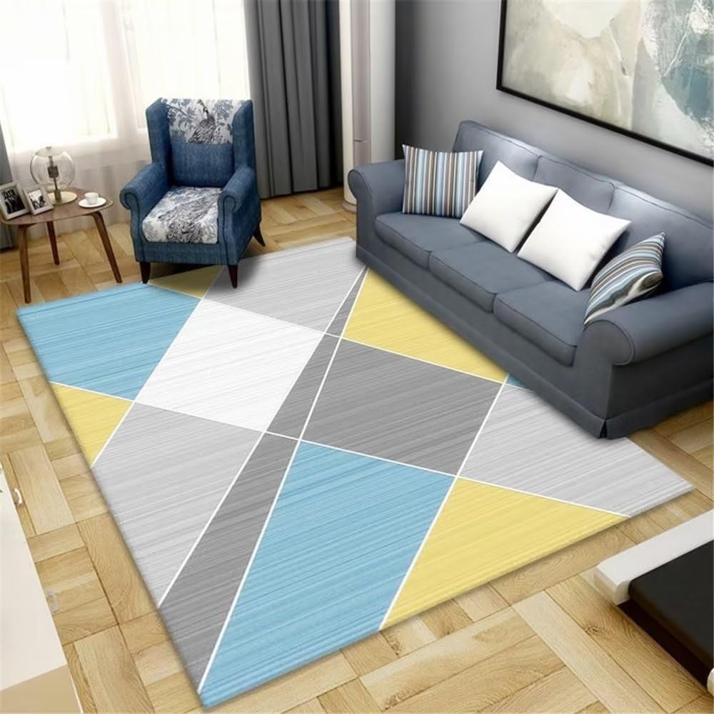 Tapis design salon bleu géométrique durable au tissage minimaliste haut de gamme