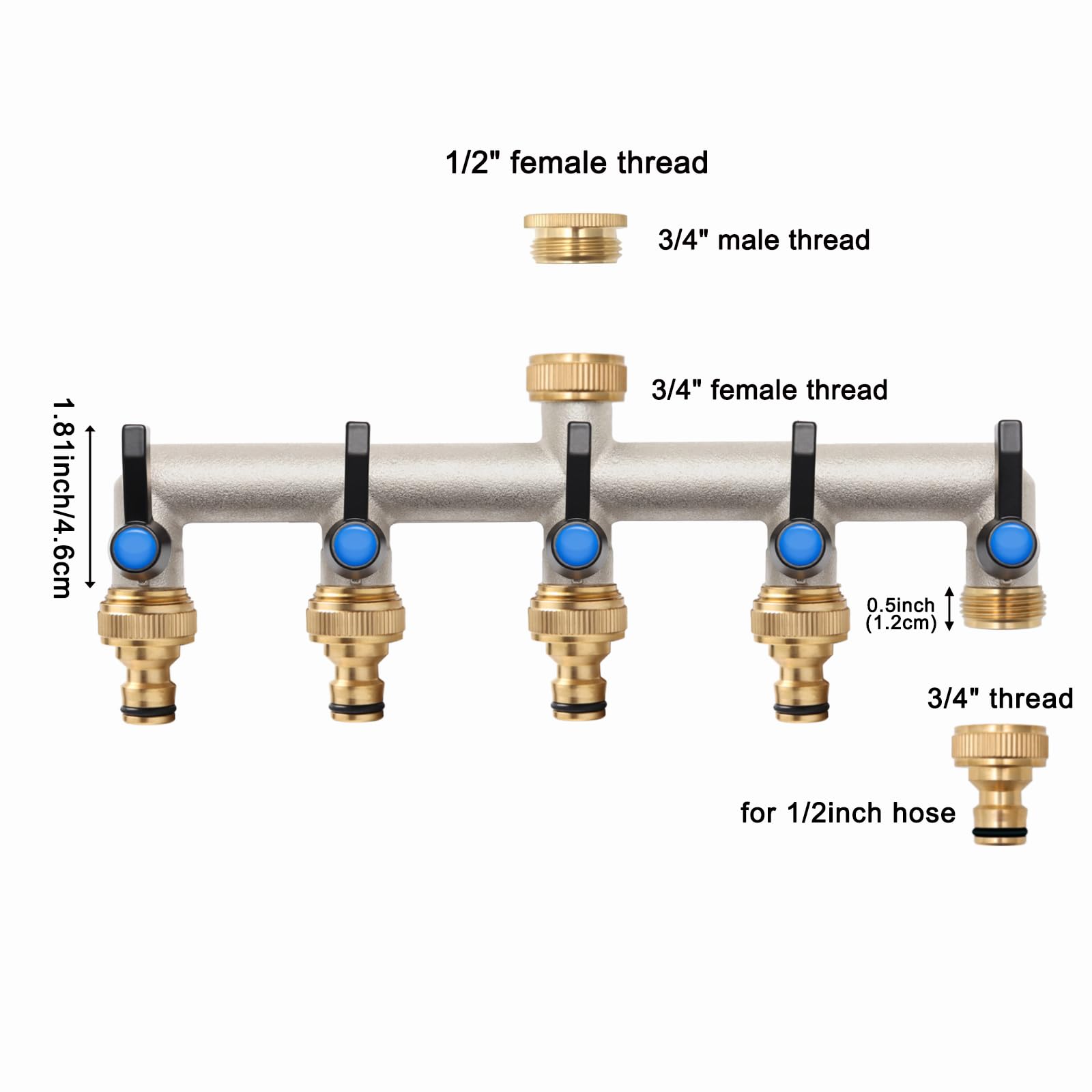 Distributore dell'Acqua a 5 Vie, in Ottone, Adattatore da 3/4 Pollici con 5 connettori per Rubinetto da 3/4" a 1/2" per casa, Cortile/Lavatrice