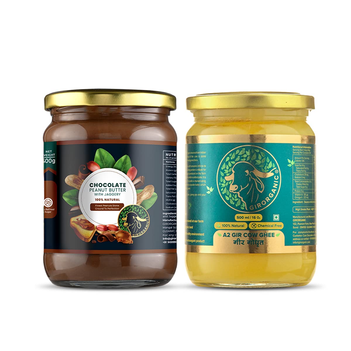 GirOrganic Premium A2 Pure Ghee (500 ml) & Chocolate Peanut Butter (500 gm) Combo Pack | High In Nutrients | Healthy & Natural | 100% Organic | Made In India | Gopal Ratna Award Winner 2023