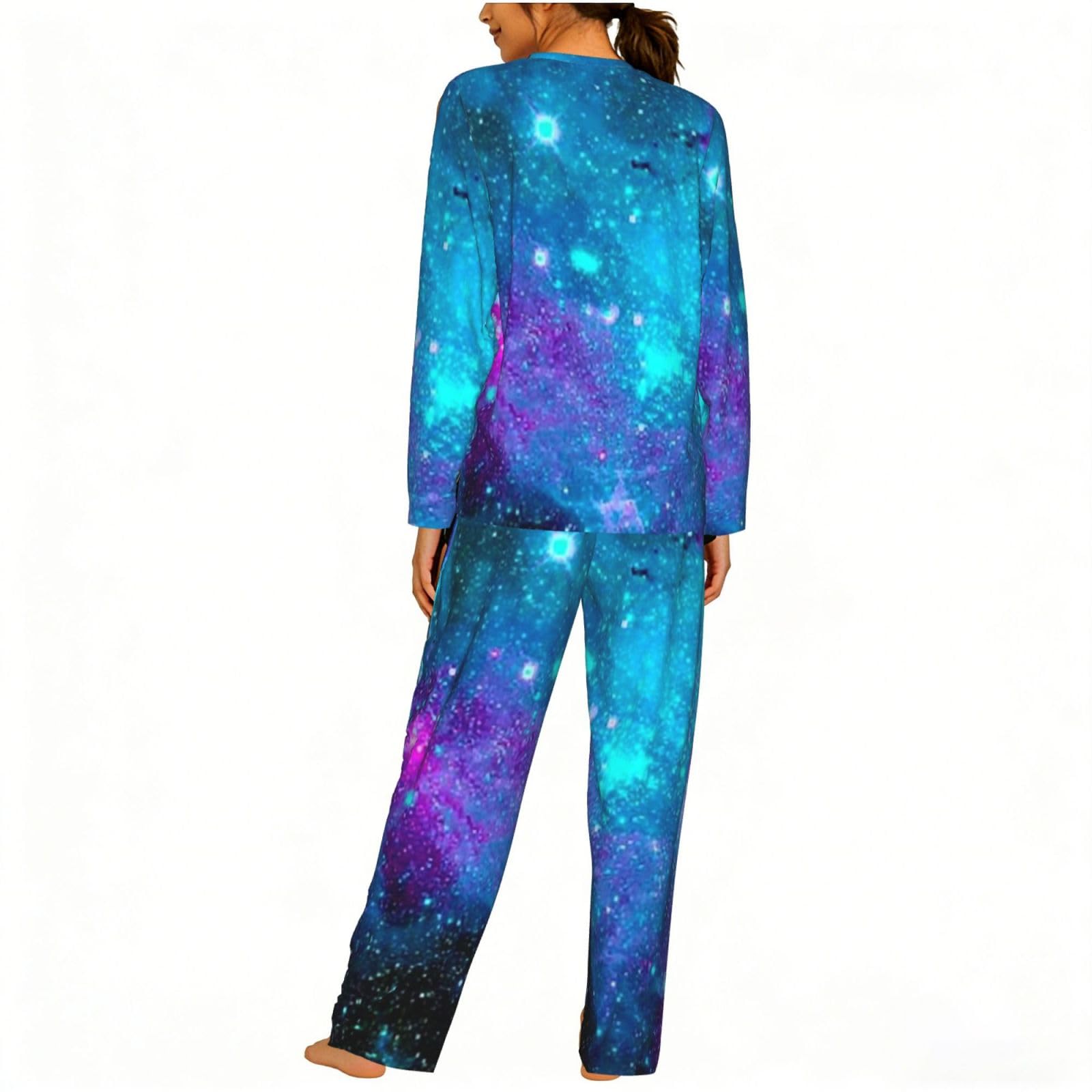 Pigiama da donna a maniche lunghe con stampa cielo stellato viola Set pigiama morbido elastico coulisse casual Daywear