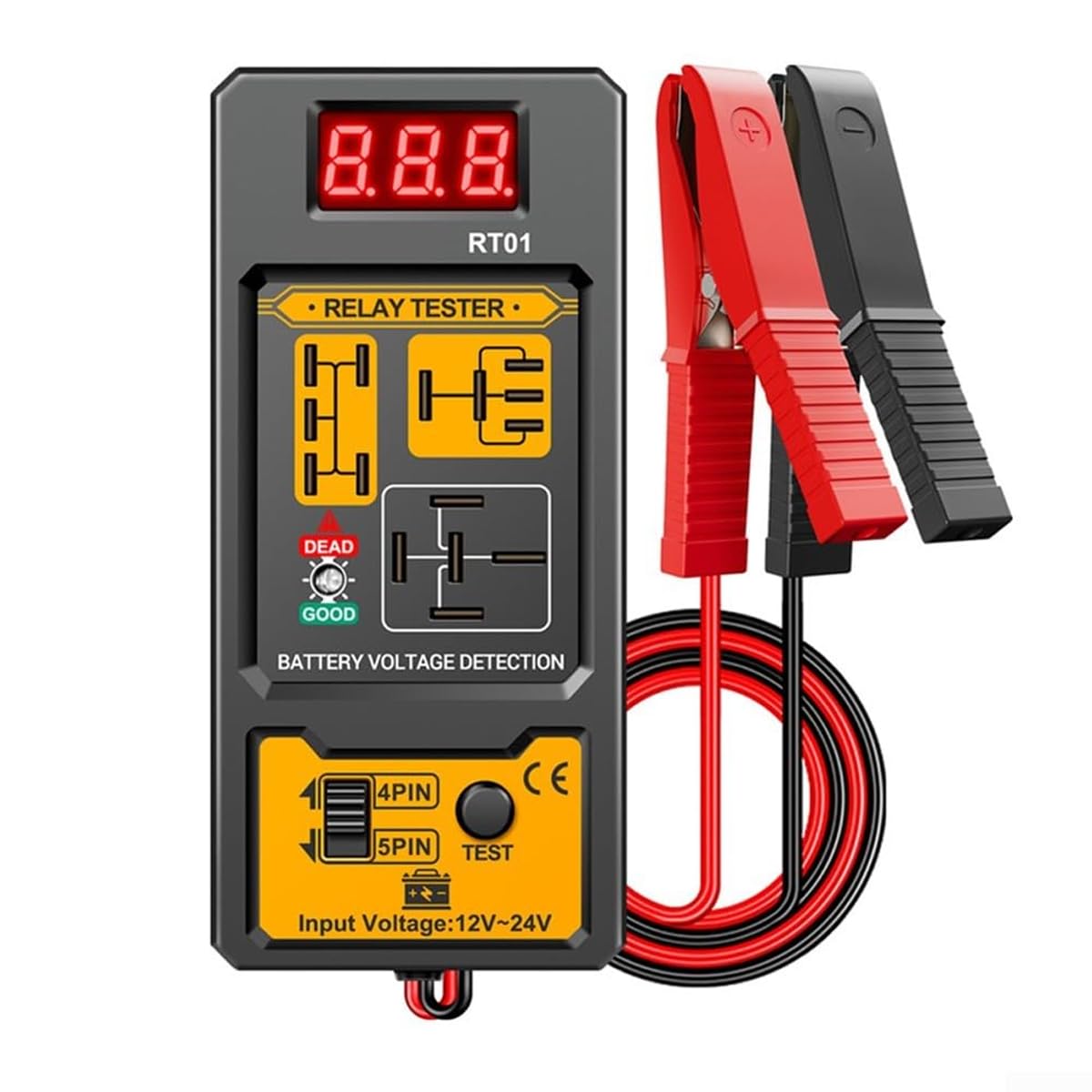 DUZEPA Car Relay Tester RT01, 4-Pin, 5-Pin Detection Tool with LCD Display, for 12V and 24V Relays in Multiple Vehicle Types and Applications