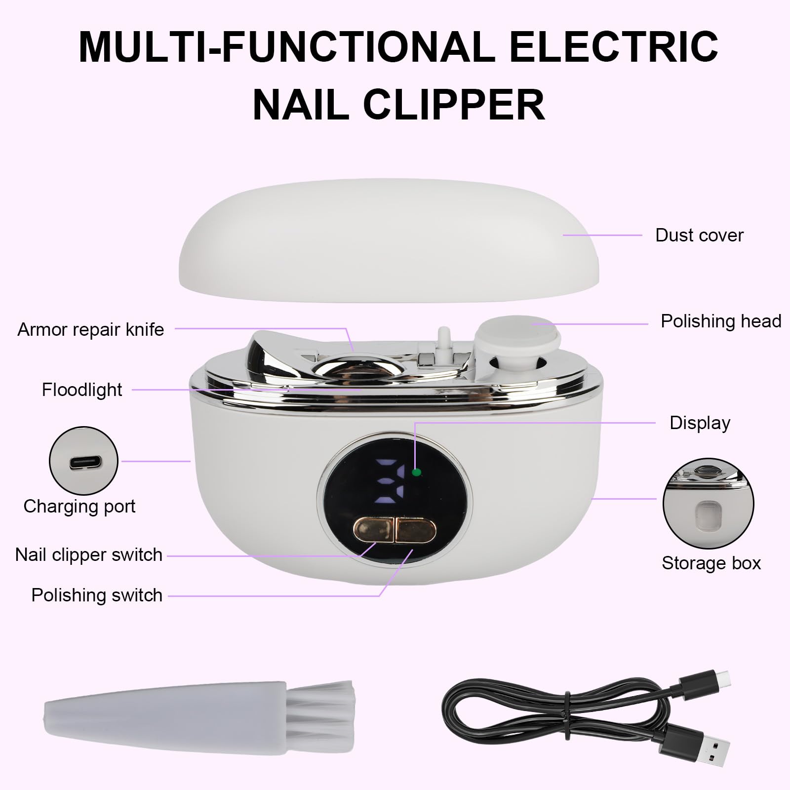 Cortauñas Electrico y Pulidor 3 en 1, 3 Velocidades Ajustable Cortauñas Electrico Pies con Luz LED y Recipiente, Recortes de Uñas, Seguro y Silencioso para Bebés, Personas Mayores y Adultos (Blanco)