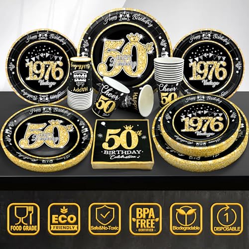 Image of 50th Birthday Decorations Black and Gold, Service for 30, Vintage 50th Birthday Party Supplies Includes Black Vintage 1976 Plates, Napkins, Cups 50th Birthday Plates and Napkins for Men Women