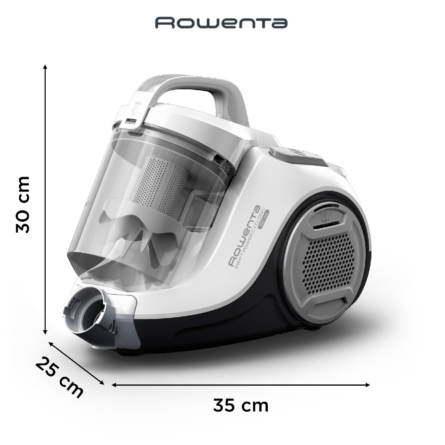 Rowenta Swift Power Cyclonic RO2917, Aspirapolvere a Traino Senza Sacchetto, Potenza 900 W, Motore Silenzioso, Serbatoio facile da Pulire, Bianco/Grigio