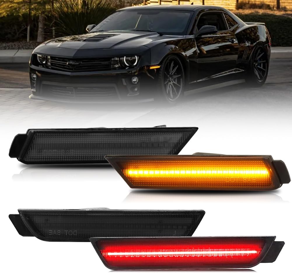 Front & Rear LED Side Marker Lights for Chevy Camaro 2010-2015, 5th Gen Camaro Smoked Lens Side Bumper Marker Lights, Camaro White & Red LED Turn Signal Lamps, 4 PCS
