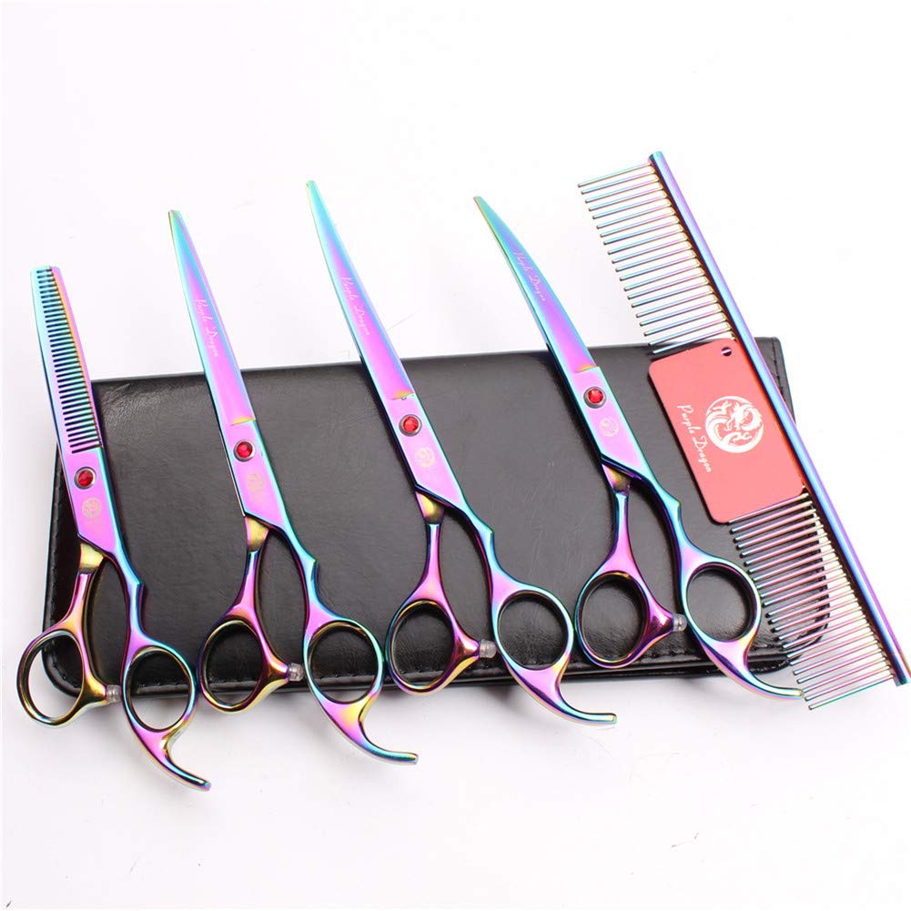 Pet Grooming Scissors Set, Stainless Steel Pet Trimmer Kit 5 Pieces Pet Grooming Scissors Set Hair Care for Dog or Cat With 7-inch Cutting Scissors Thinning Shear Curved Scissors Grooming Comb