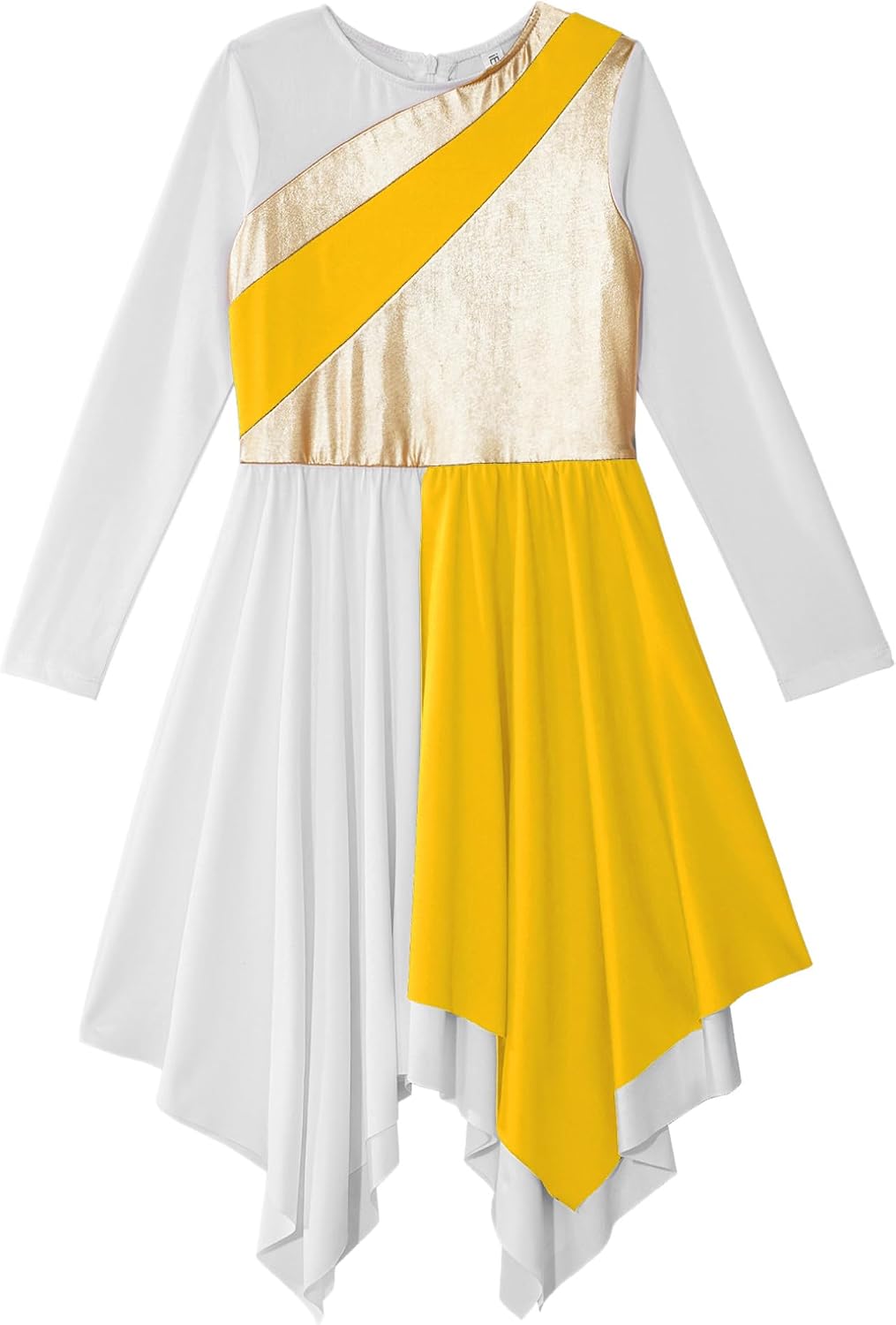 JEATHA Kids Girls Long Sleeve Shiny Metallic Praise Asymmetrical Tunic Dress Lyrical Contemporary Dance Costume
