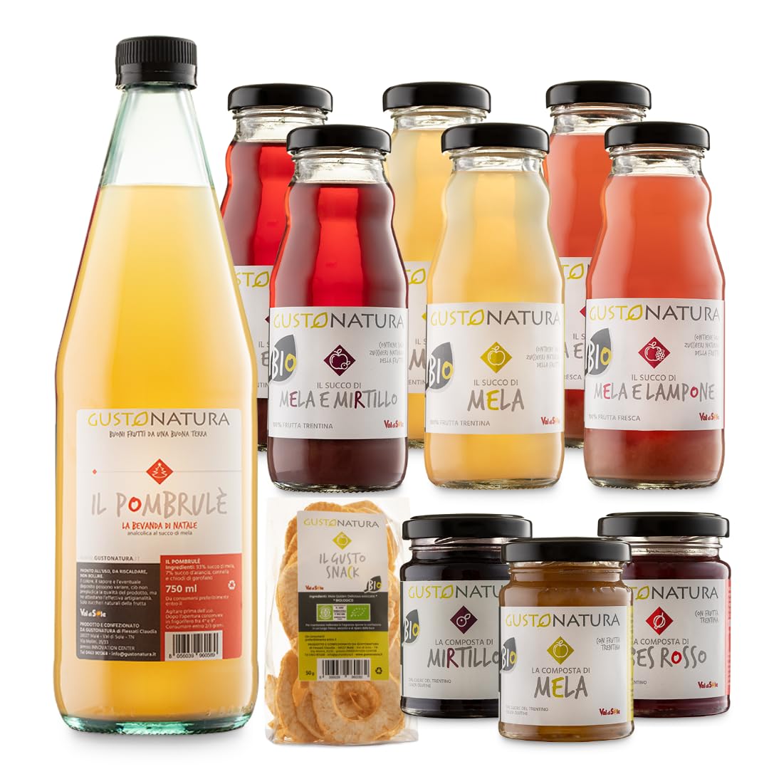 Gustonatura - Box Degustazione | Cesto Alimentare 11 pezzi | 6pcs Succhi di Frutta del Trentino Alto-Adige | 1pcs Pombrulè | 3pcs Composte Frutta | Snack Mele | 100% Italiano | Val di Sole