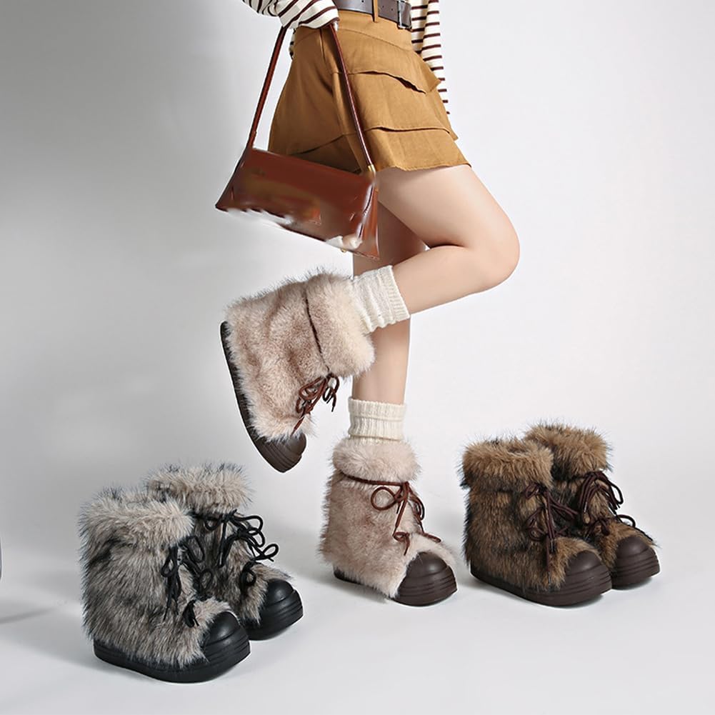 Women's Furry Faux Fur Snow Boots Platform Mid Calf Boots Platform Fuzzy and Plush Warm Winter Y2K Aesthetic Cute Stuff