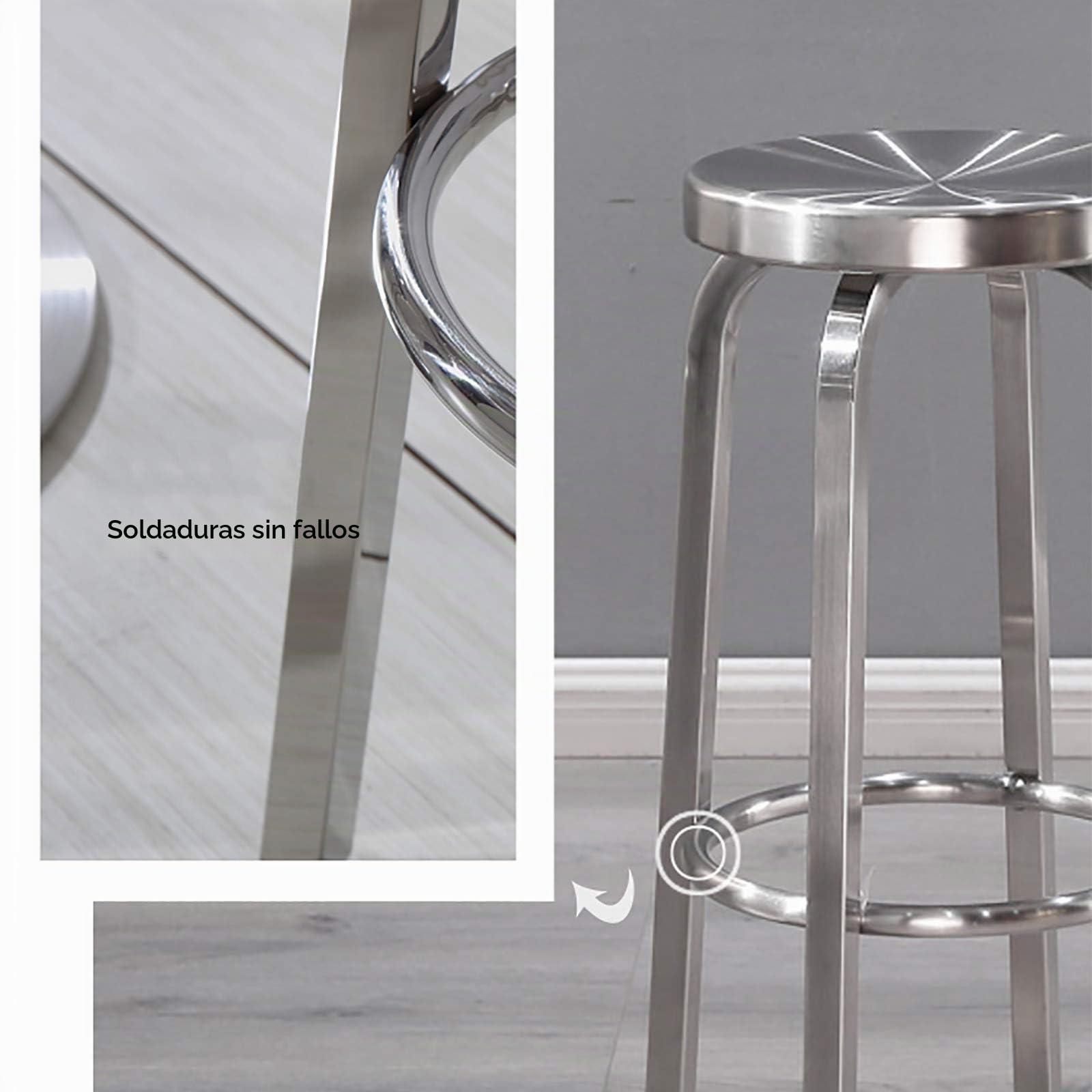 Taburete de Bar sin Respaldo de Acero Inoxidable, Taburete Alto de mostrador, Calidad Comercial, Acabado de Acero Inoxidable, Altura del Asiento de 65 cm / 75 cm, Uso en Interiores y Exteriores