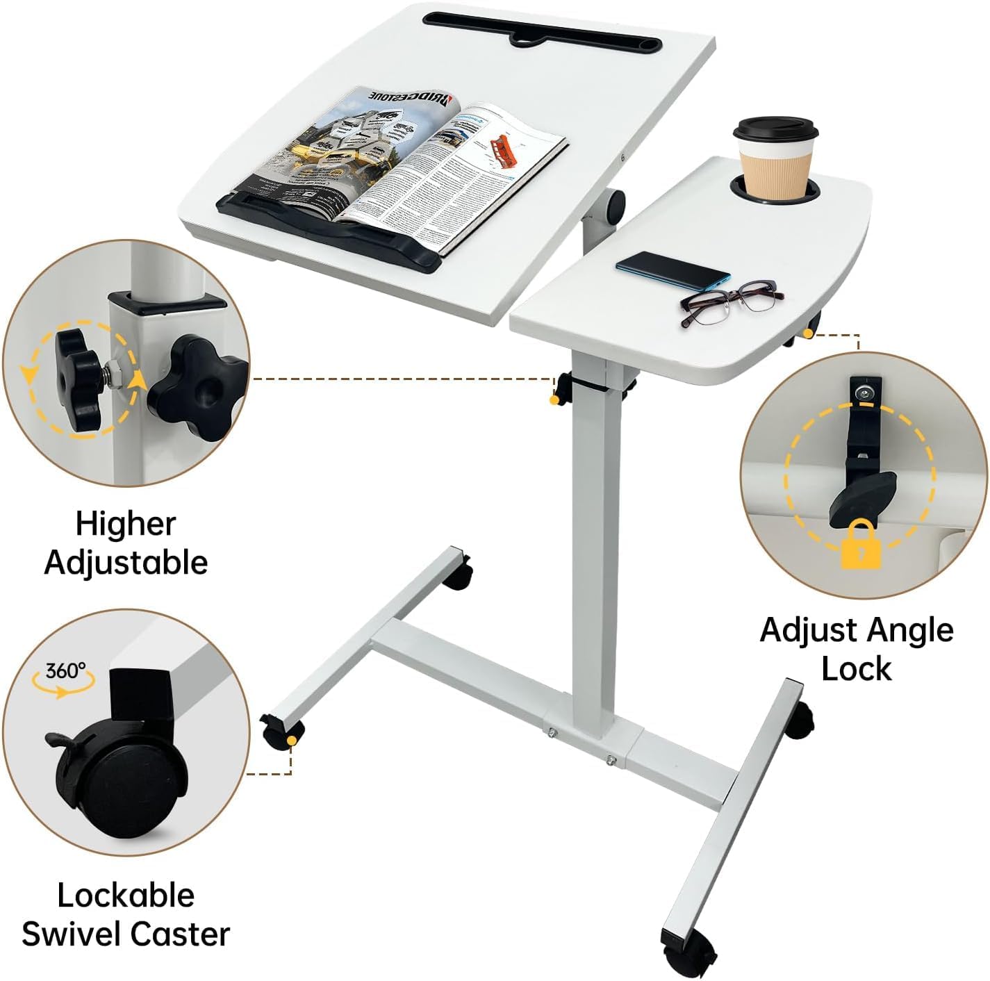 Bureau debout mobile réglable en hauteur - Petite table d'ordinateur portable avec roulettes - Pliable - Petite table de lit pour lit, canapé, bureau - Blanc