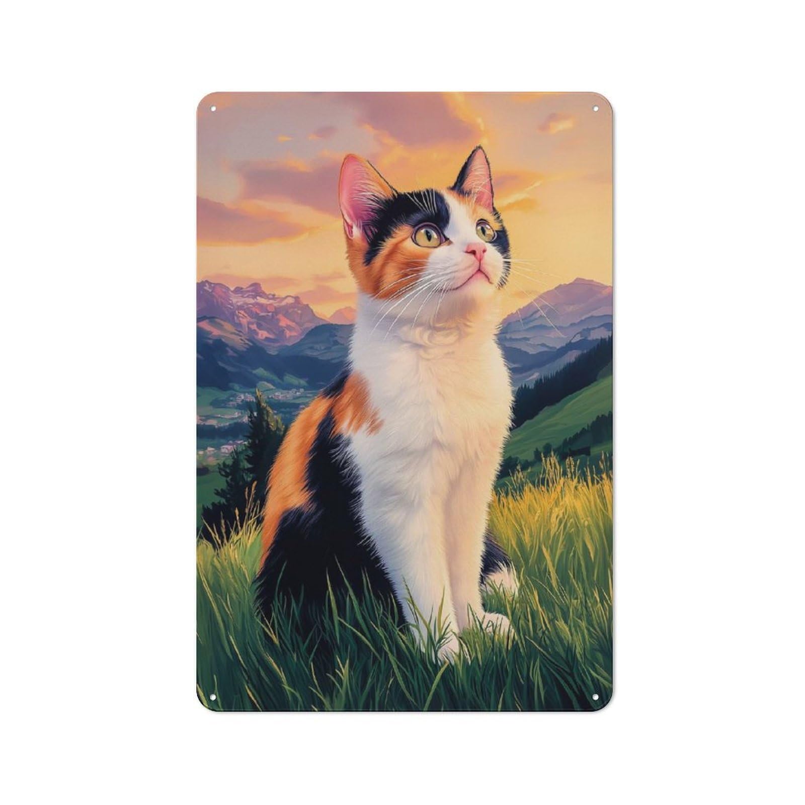Junmoney Style-21 Calico Cat In Mountain Landscape Rustic Metal Sign 30X20cm For Dining Room Or Kitchen, Metal Sign Decor For Kitchens And Dining Spaces