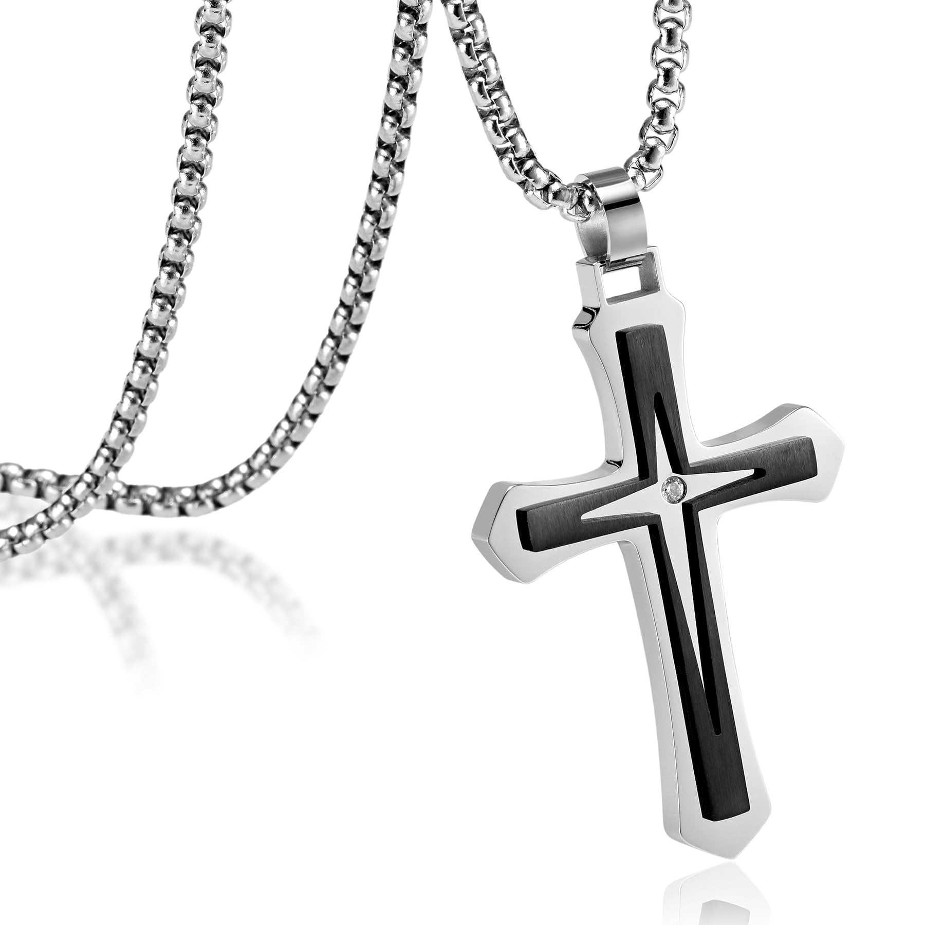 MOOSKI Cross Necklace for Men,Silver/Gold/Black Mens Cross Necklaces with 3mm Cross Chain and Stainless Steel Cross Pendant Jewelry Gifts,Rolo Chain