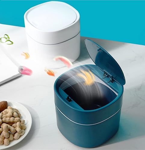 Miniatura 8 de Mini basurero de plástico con tapa, papelera desplegable de 2 L para tocador de baño, escritorio, mesa o mesa auxiliar, desecha rondas de algodón,