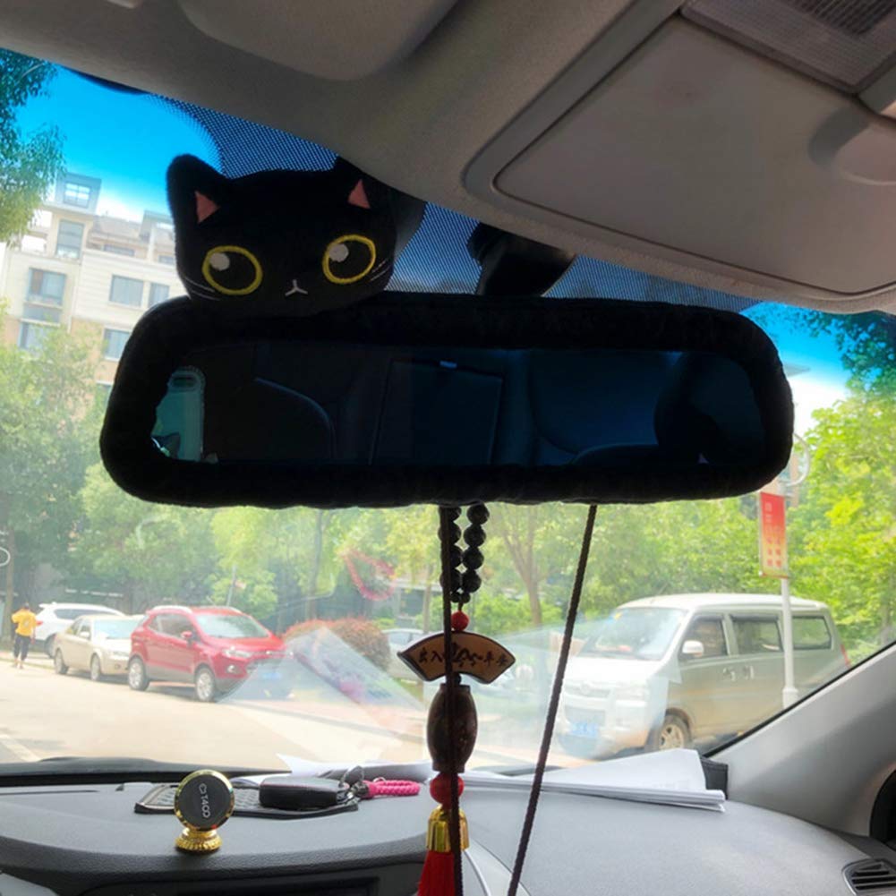 seemehappy Cute Black Cat Car Seat Headrest Support Pillow Car Neck Pillow Travel Cushion (1 Rear View Mirror Cover)