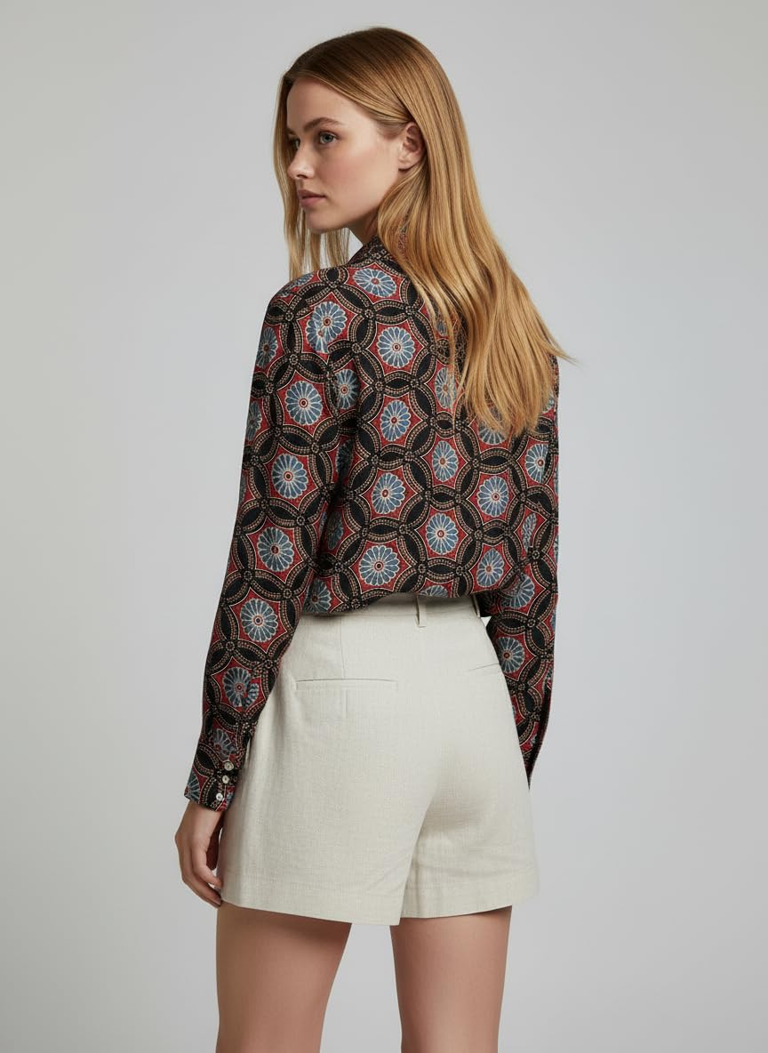 ANNI Designer Bedrucktes Damenhemd aus Baumwollmischgewebe, langärmelig, normale Passform, Hemdkragen, legere Bürokleidung, elegante Western-Kleidung für den Alltag, Hochzeit, Party